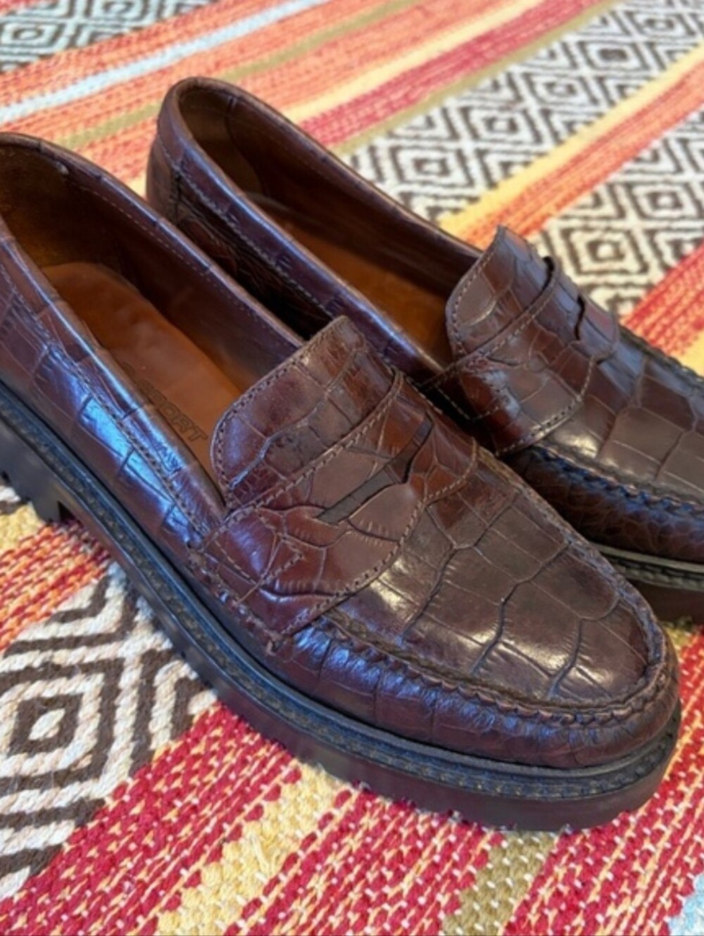 Ralph Lauren Women's Polo Sport Brown Leather Croc-finish Loafers Size 6